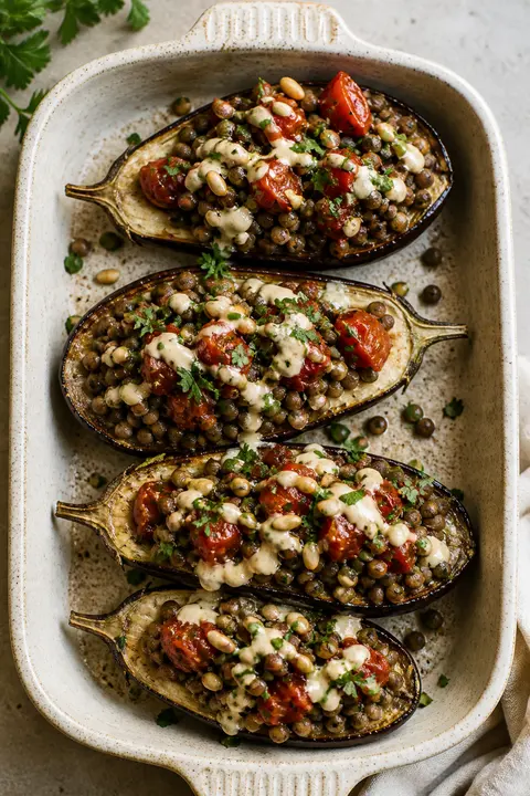 Lentil-Stuffed Roasted Eggplant
