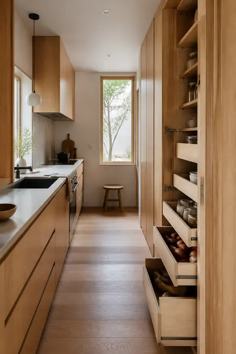 Pale Japandi Kitchen with Compact Galley and Pantry