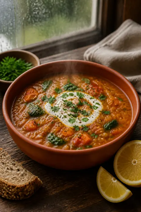 Creamy Red Lentil Soup with Fresh Herbs