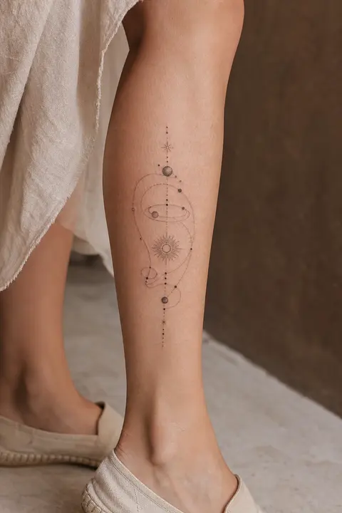Delicate Celestial Orbit Tattoo for Outer Calf Placement