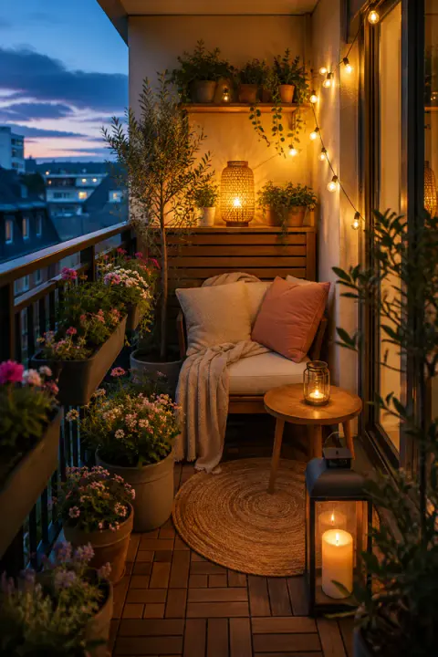 Cozy Balcony Garden with String Lights at Dusk