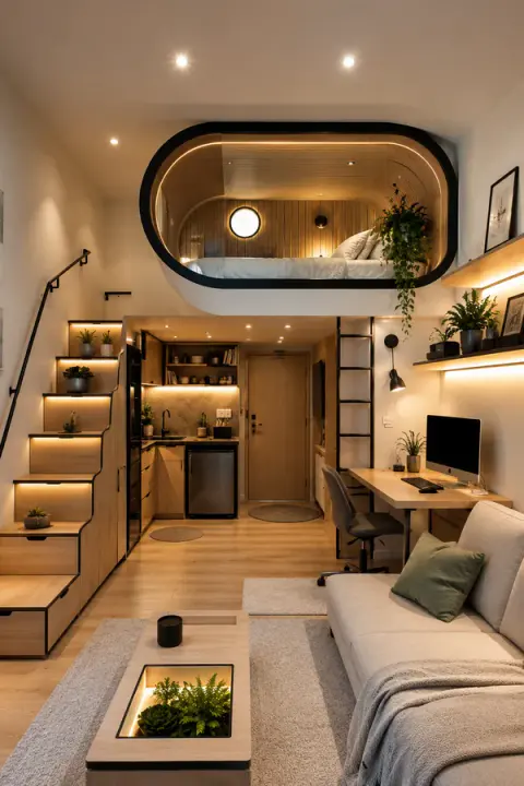 Modern Small Apartment with Futuristic Loft Bed Design