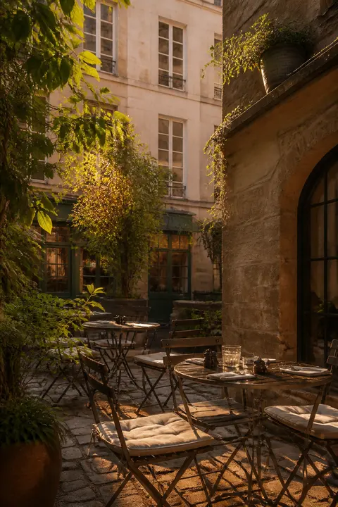 Paris Hidden Courtyard Café at Golden Hour