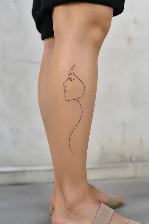 Minimal Single-line Profile Tattoo for Outer Calf Placement