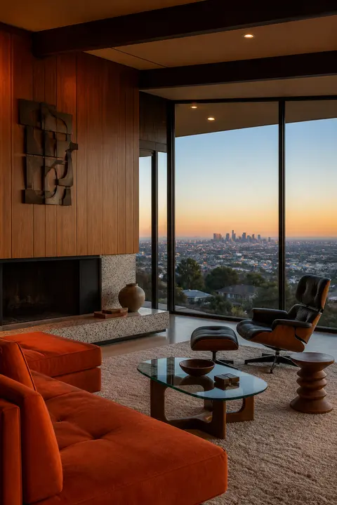 Midcentury Living Room with an Orange Sectional