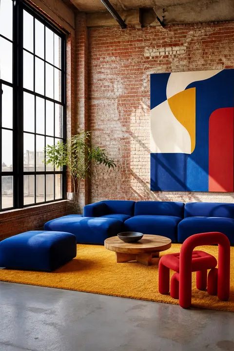 Colorful Brick Loft with Cobalt Modular Seating