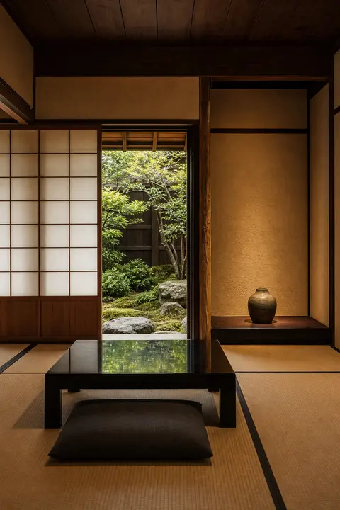 Zen Tatami Room Opening to a Moss Garden