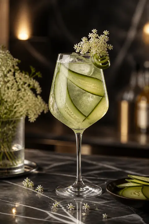 Cucumber Elderflower Spritz at a Moody Marble Bar