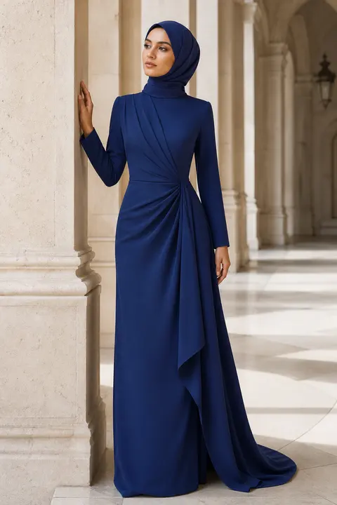 Cobalt Modest Gown with Draped Waist