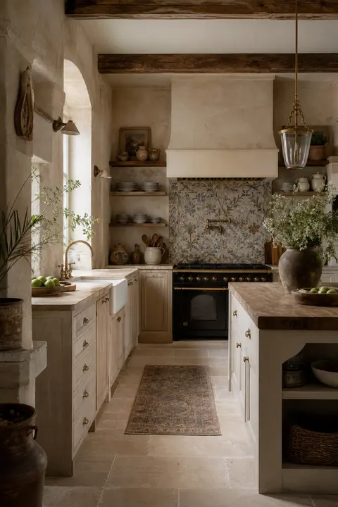 French Limestone Kitchen: Open Shelves & Backsplash