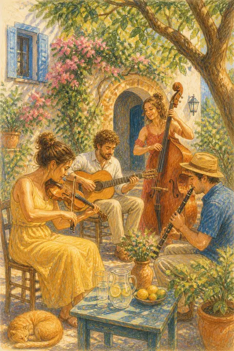 Colored Pencil: Musicians in a Summer Courtyard