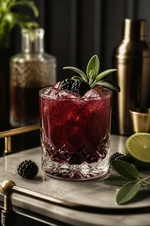 Blackberry Sage Smash on a Minimal Home Bar Cart