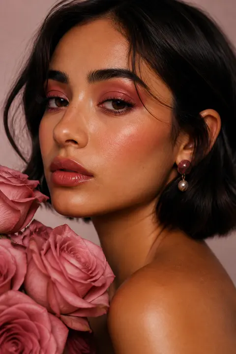 Rose Monochrome Makeup: Olive Skin and Dark Bob