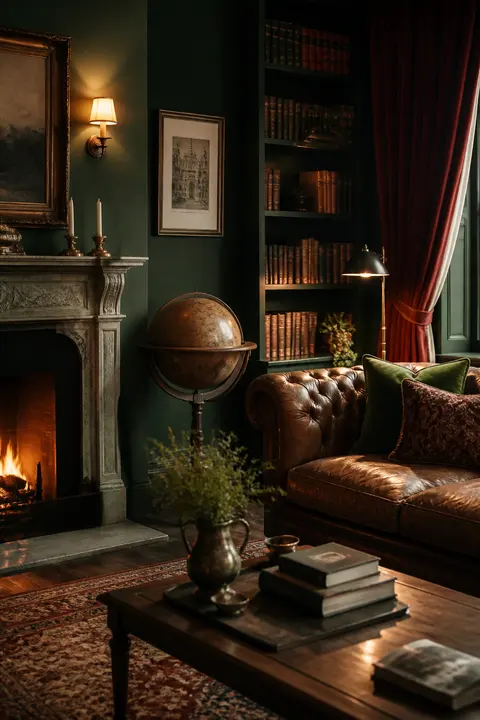 Dark Academia Living Room with a Marble Mantel