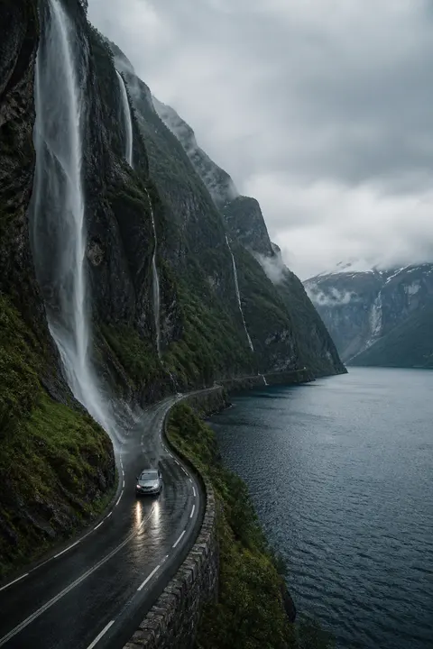 Waterfall Road Along a Nordic Fjord