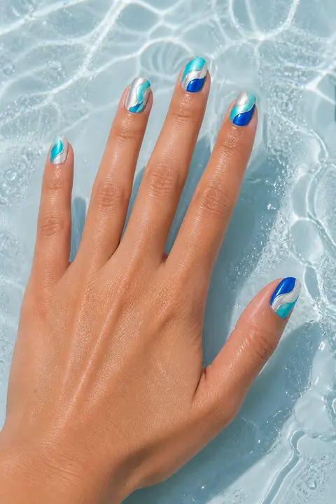Ocean Wave Chrome Nail Art