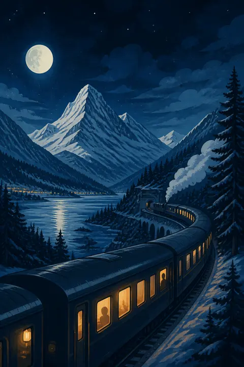 Textured Flat Art: Night Train through Snowy Mountains