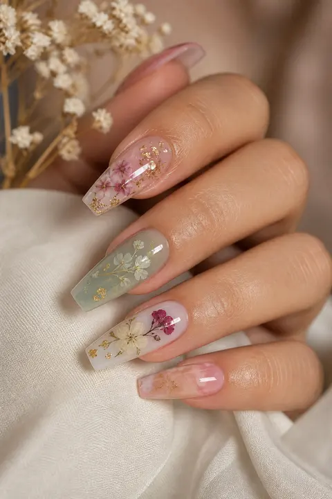 Soft Coffin Pressed Flower Gel Manicure
