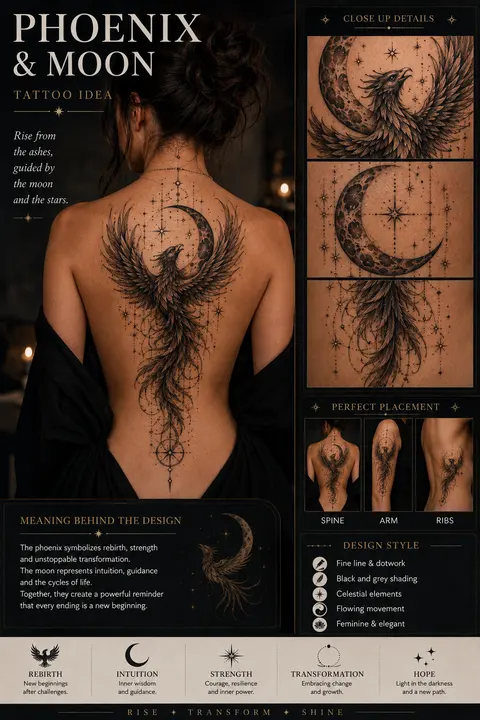 Phoenix and Moon Back Tattoo with Fine Line Celestial Detail