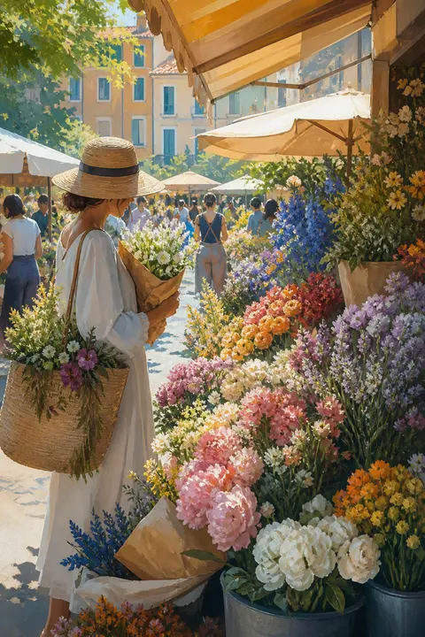 Gouache: Marketplace Filled with Flowers