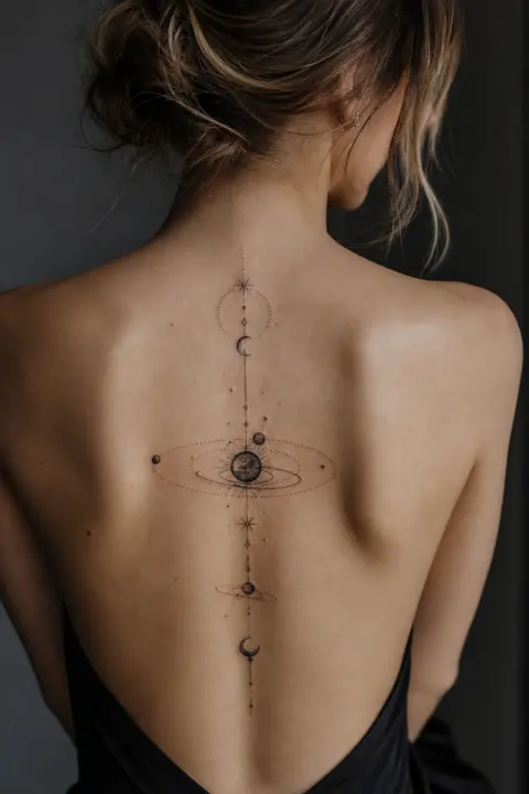 Upper Back Placement — Delicate Celestial Orbit Tattoo