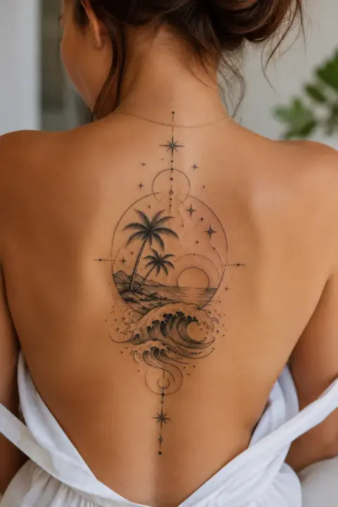 Elegant Fine Line Back Tattoo Idea for Women Inspiration