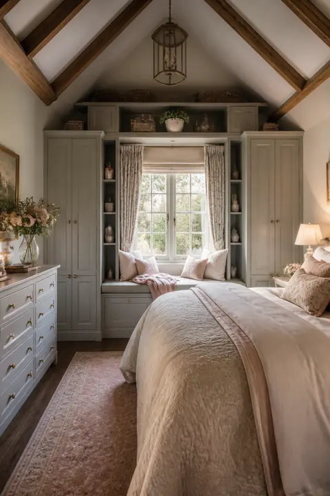 Window Seat Storage in English Cottage Bedroom