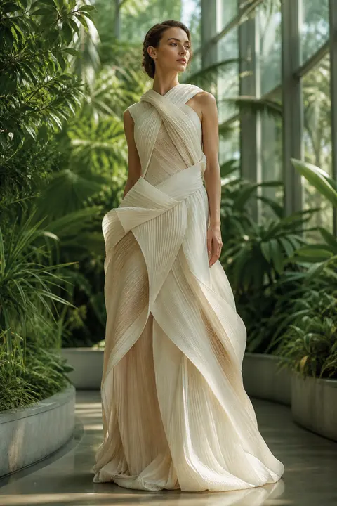 Ivory Draped Gown with Woven Panels