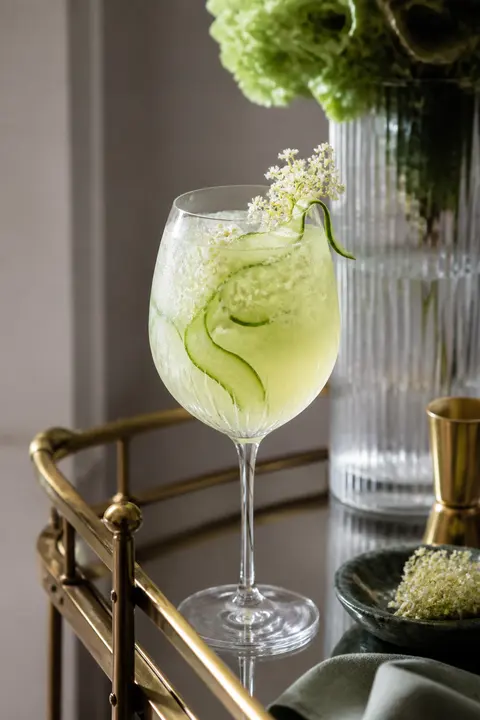 Cucumber Elderflower Spritz on a Minimal Home Bar Cart