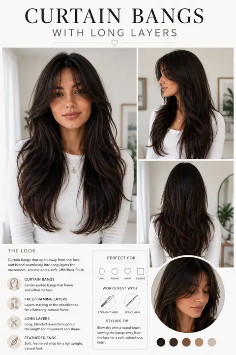 Curtain Bangs with Long Layers and Feathered Ends