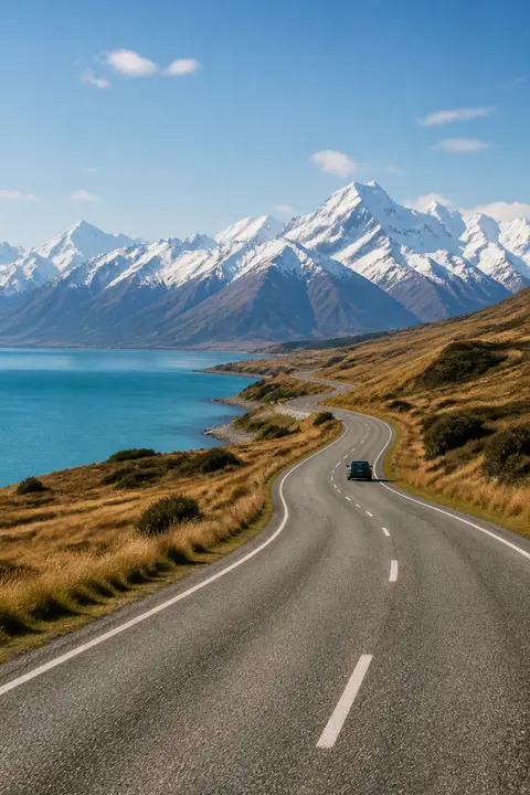 New Zealand Alpine Road Beside a Blue Lake