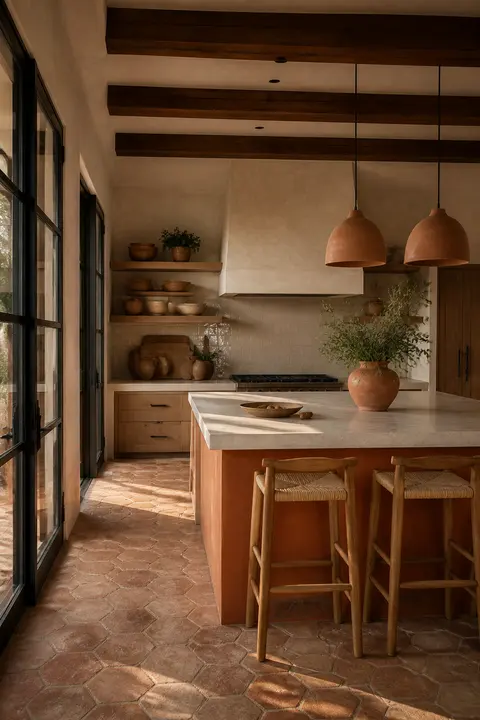 Large Island Seating in Mediterranean Terracotta Kitchen