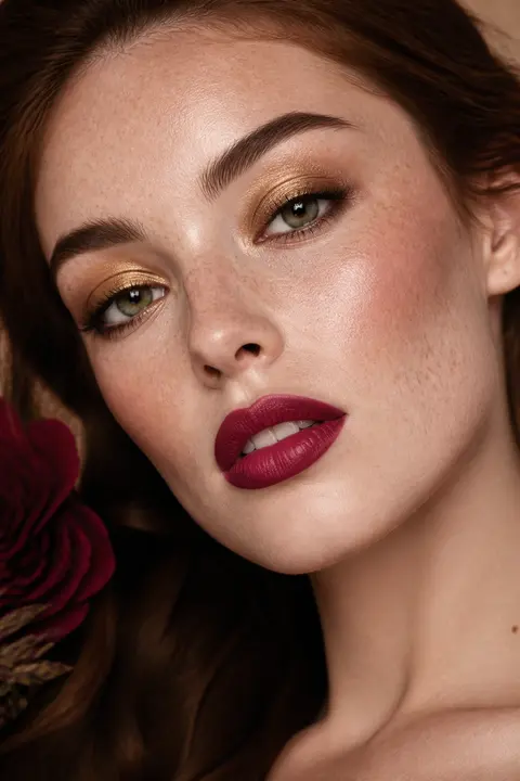 Fair Freckled Skin with Berry Lip & Gold Eyeshadow