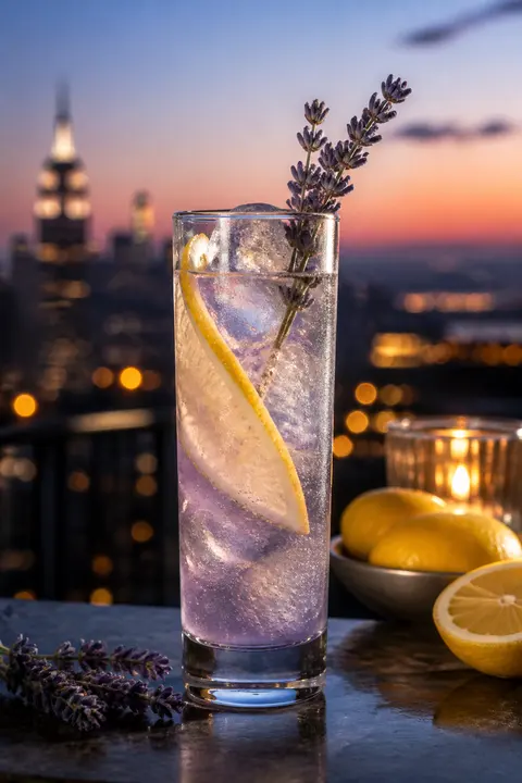 Blue-Hour Rooftop Lavender Lemon Collins