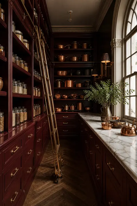 Burgundy Pantry with a Marble Worktable