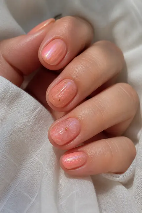 Peach-Pink Aura on Short Natural Round Nails