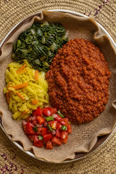 Ethiopian Lentils and Greens on Injera