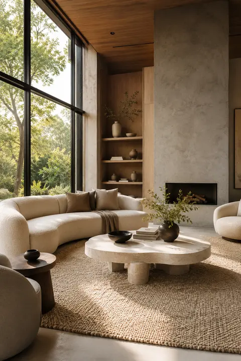 Warm Modern Living Room with Curved Cream Sofa