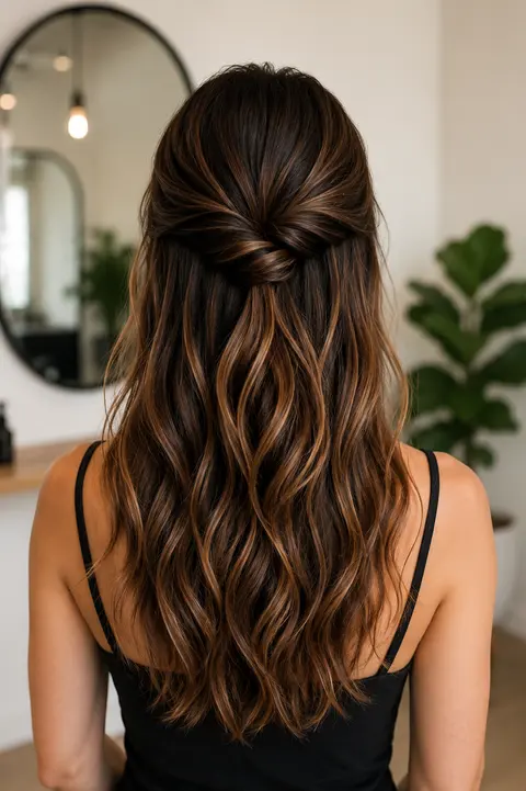 Brunette Half-Up Twist with Caramel Highlights