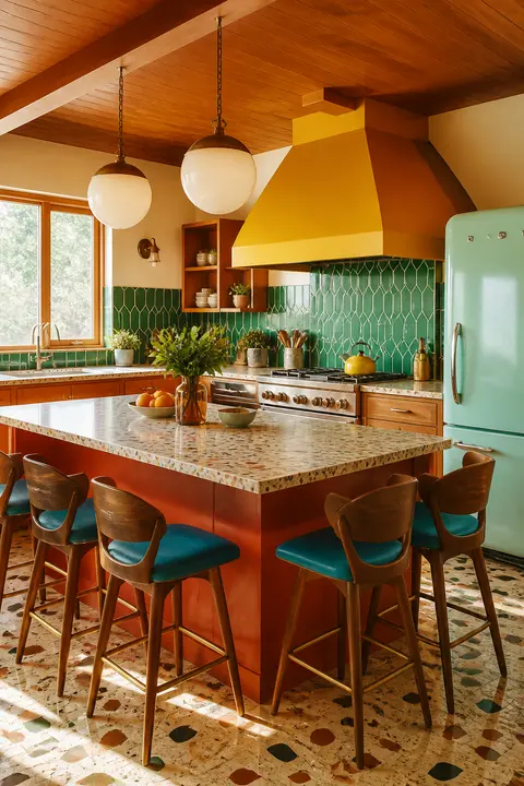 Large Island Seating in Colorful Retro Kitchen
