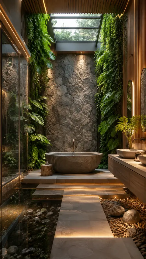 Tropical Luxury Bathroom with Stone Bathtub, Indoor Garden
