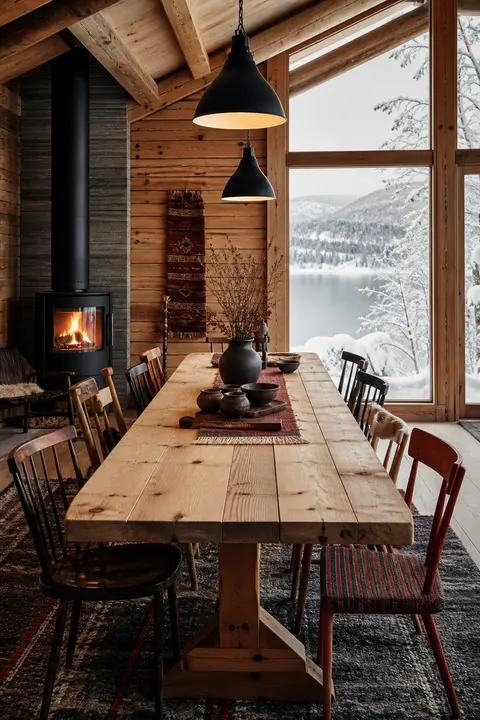 Rustic Mountain Dining Room with Lake Views