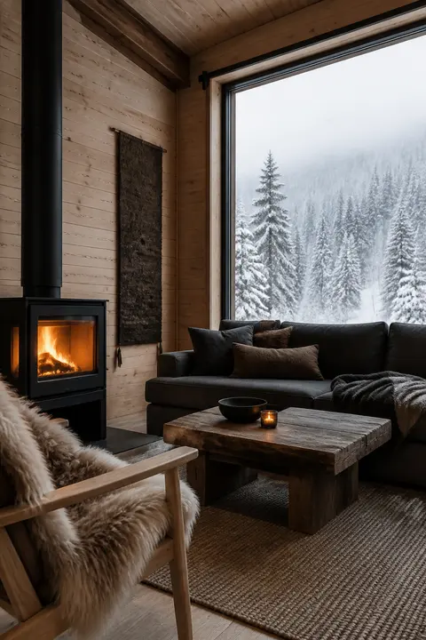 Snow Cabin Living Room with a Black Wood Stove