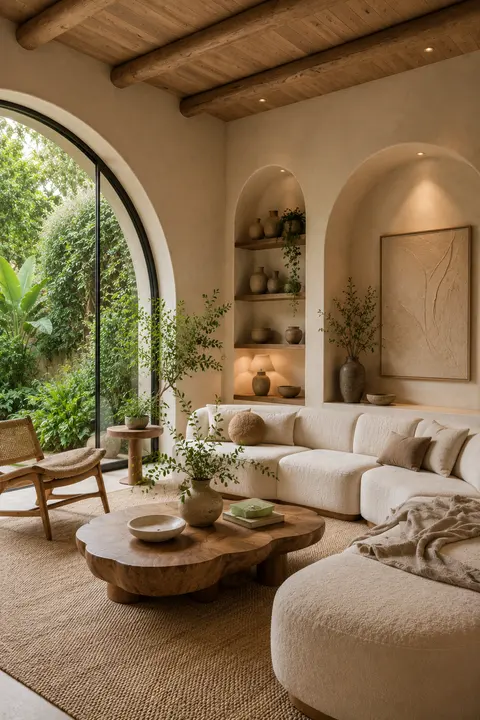 Organic Modern Living Room with Arched Garden Window