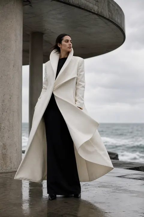 Sculptural White Coat over a Black Gown