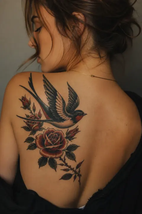 Traditional Swallow and Rose Tattoo: Shoulder Blade