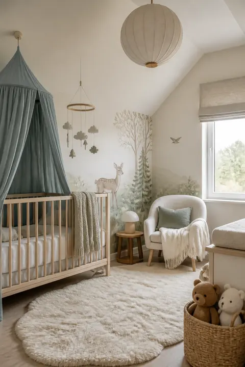 Soft Scandinavian Nursery with a Canopy Crib