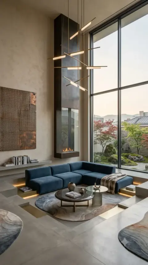 Sunken Navy Sofa Living Room With Japanese Garden