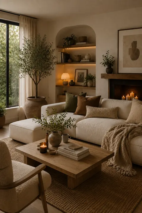 Cozy Neutral Living Room with Fireplace and Olive Accents