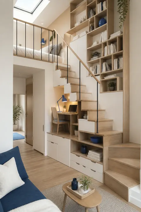 Micro Loft with Library Storage Stairs